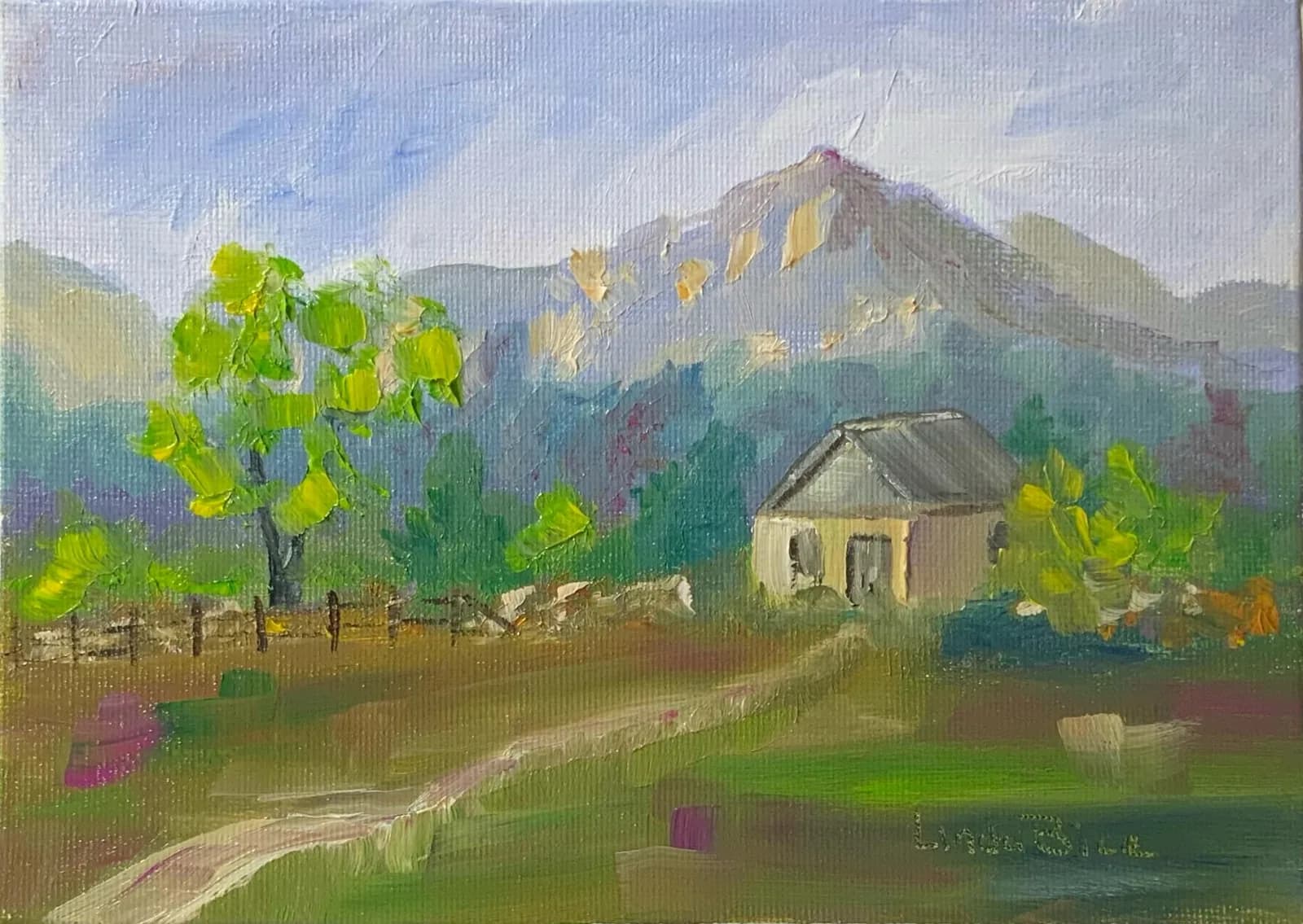 An impressionistic oil painting depicts a rustic cabin and tree in a landscape with a mountain backdrop.