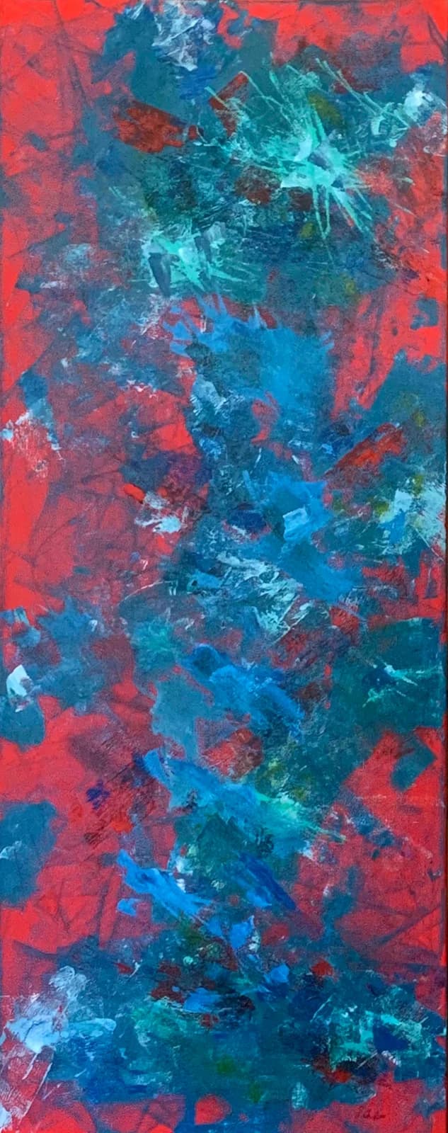 An abstract expressionist painting in shades of red and blue with dynamic brushstrokes.