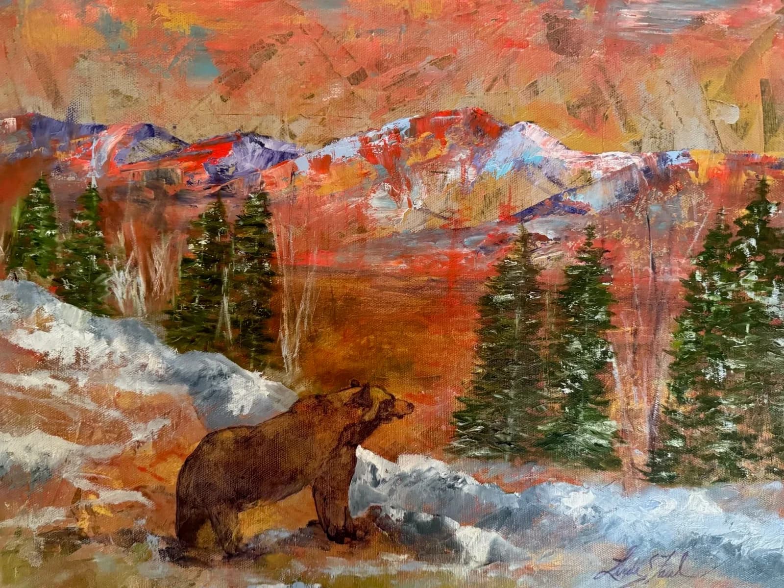 An expressive oil painting depicts a bear in a snowy mountain landscape with vibrant orange skies.