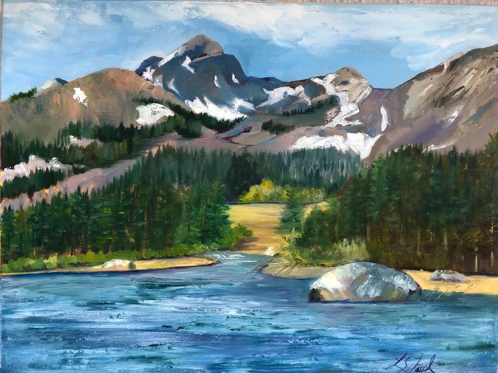 An impressionistic oil painting depicts a serene mountain lake scene with lush green forests and snow-capped peaks under a blue sky.