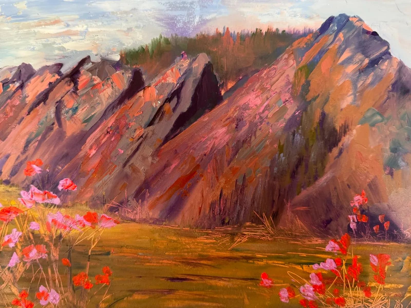 Impressionistic oil painting of the Flatirons mountains with wildflowers in the foreground, featuring Japonica and Brown Rust hues.