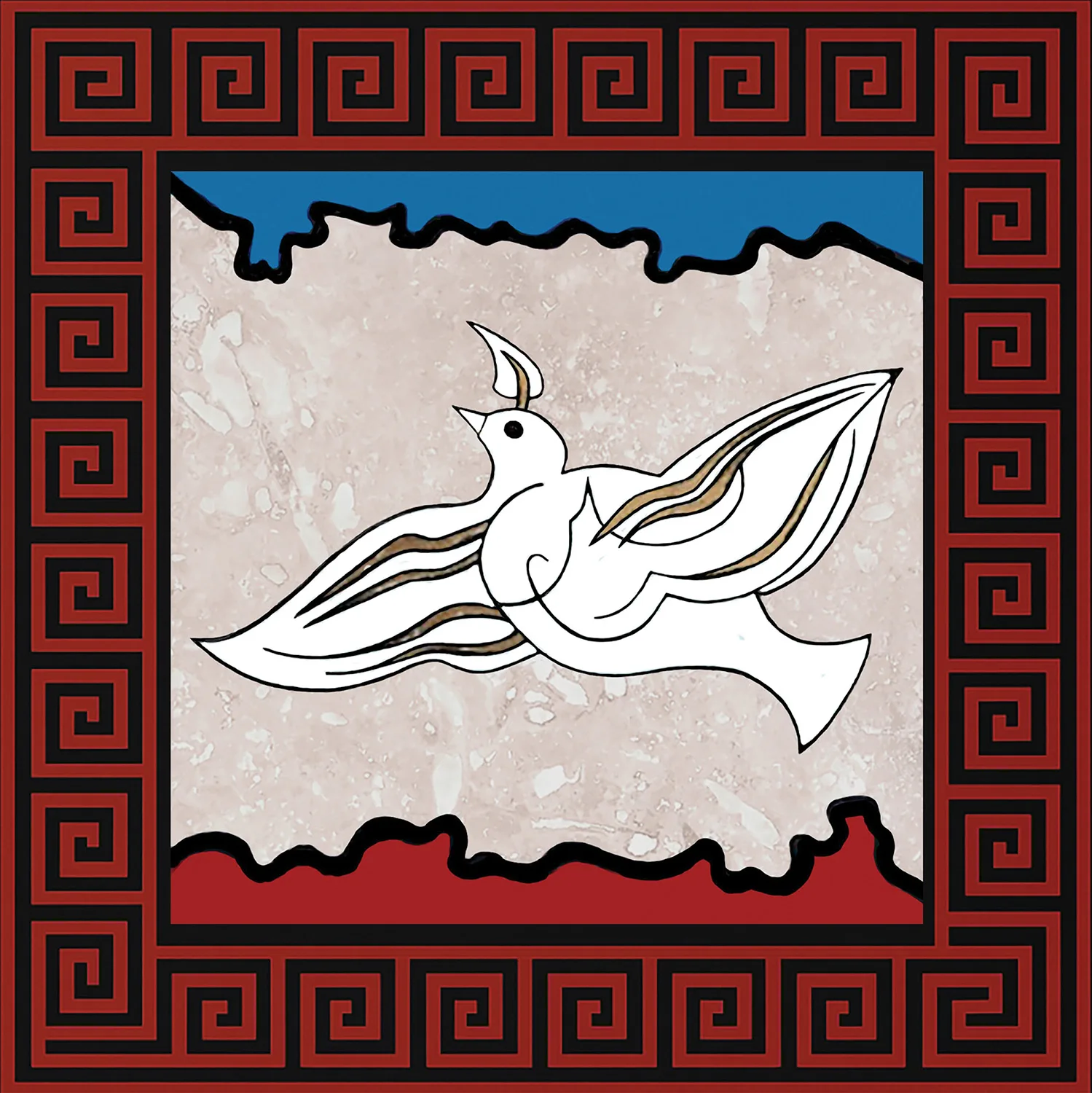 A stylized white dove in flight is depicted against a marbled background, framed by a geometric border.
