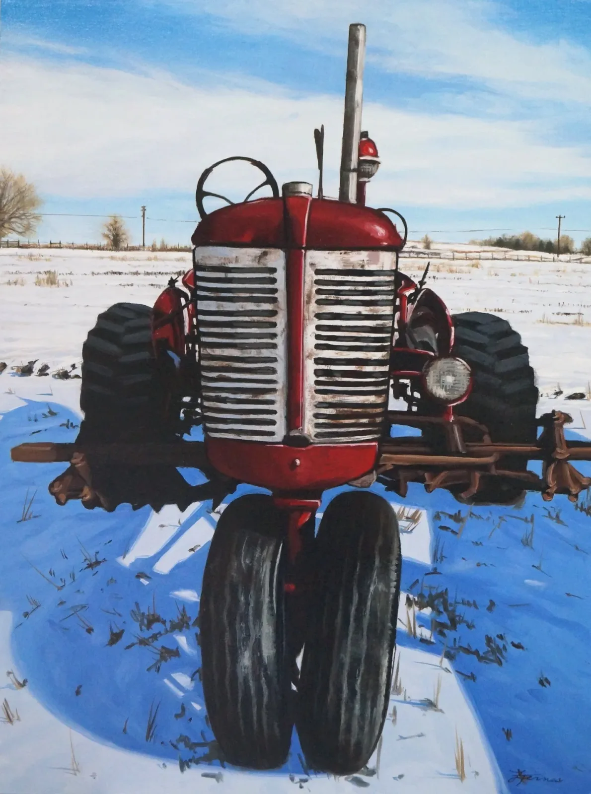 A vintage red tractor sits in a snowy field under a bright blue sky, rendered in oil.