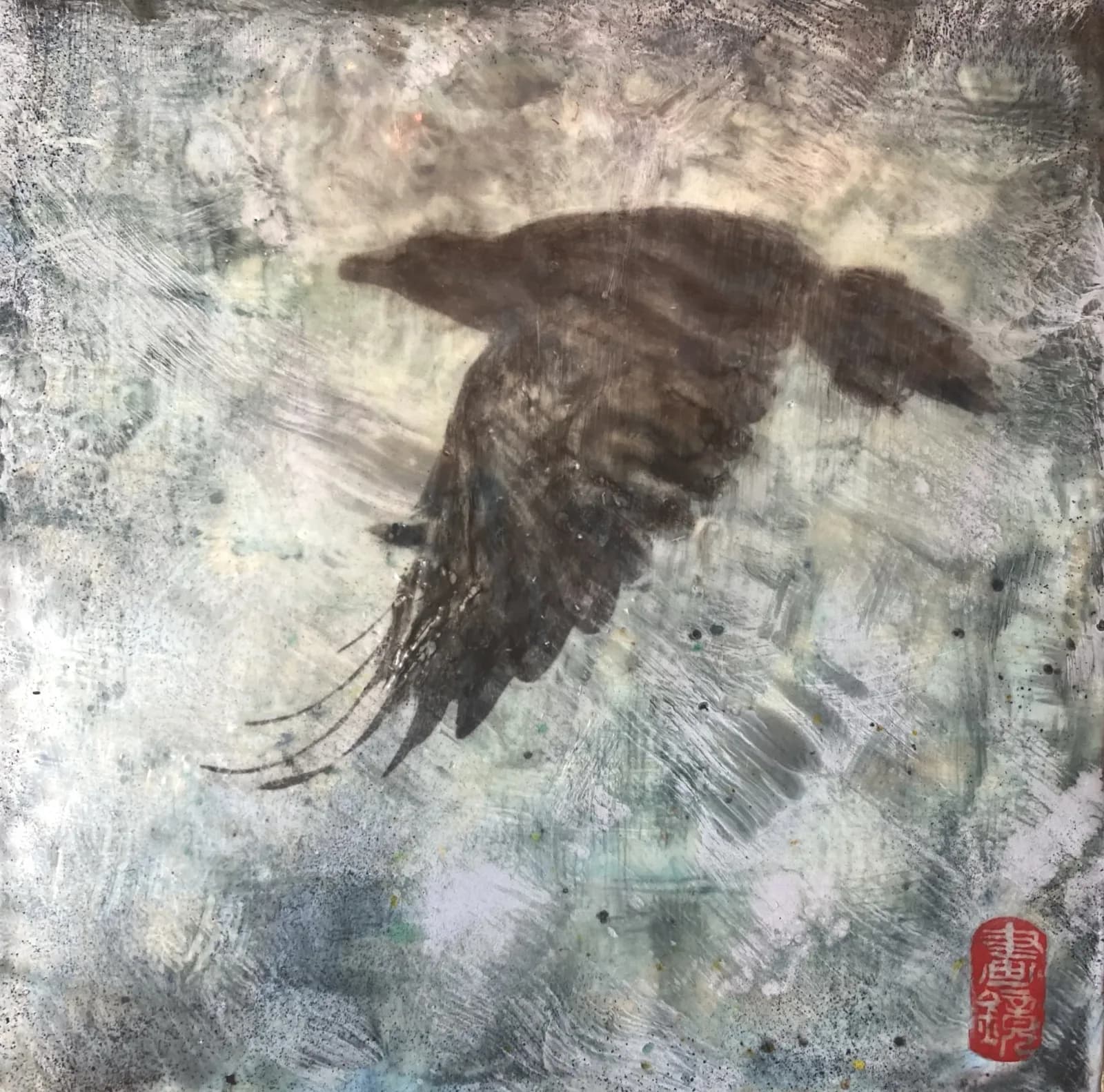 An expressive ink painting depicts a raven in flight against a textured, atmospheric background.