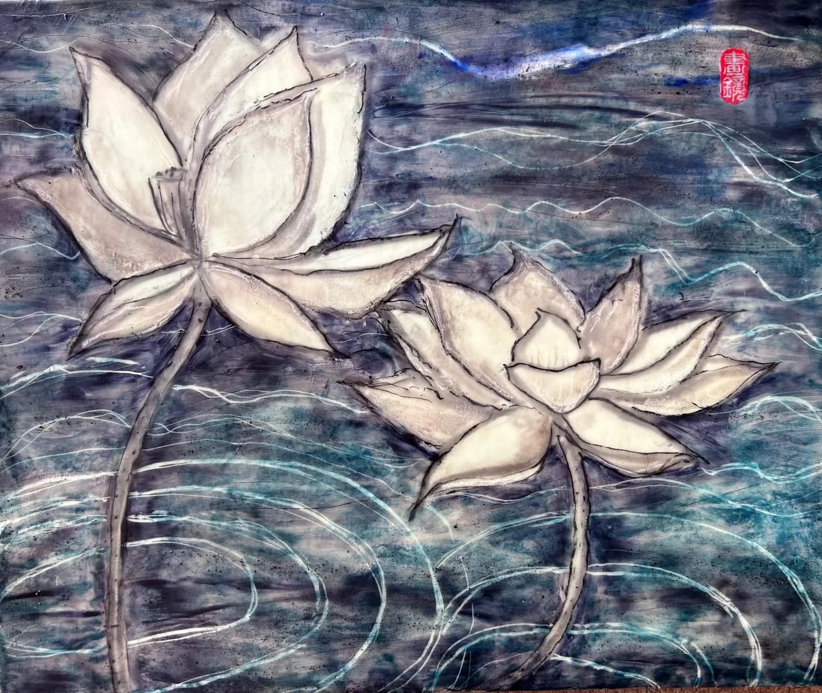 Two white lotus flowers float on a dark, textured water surface, rendered in watercolor.