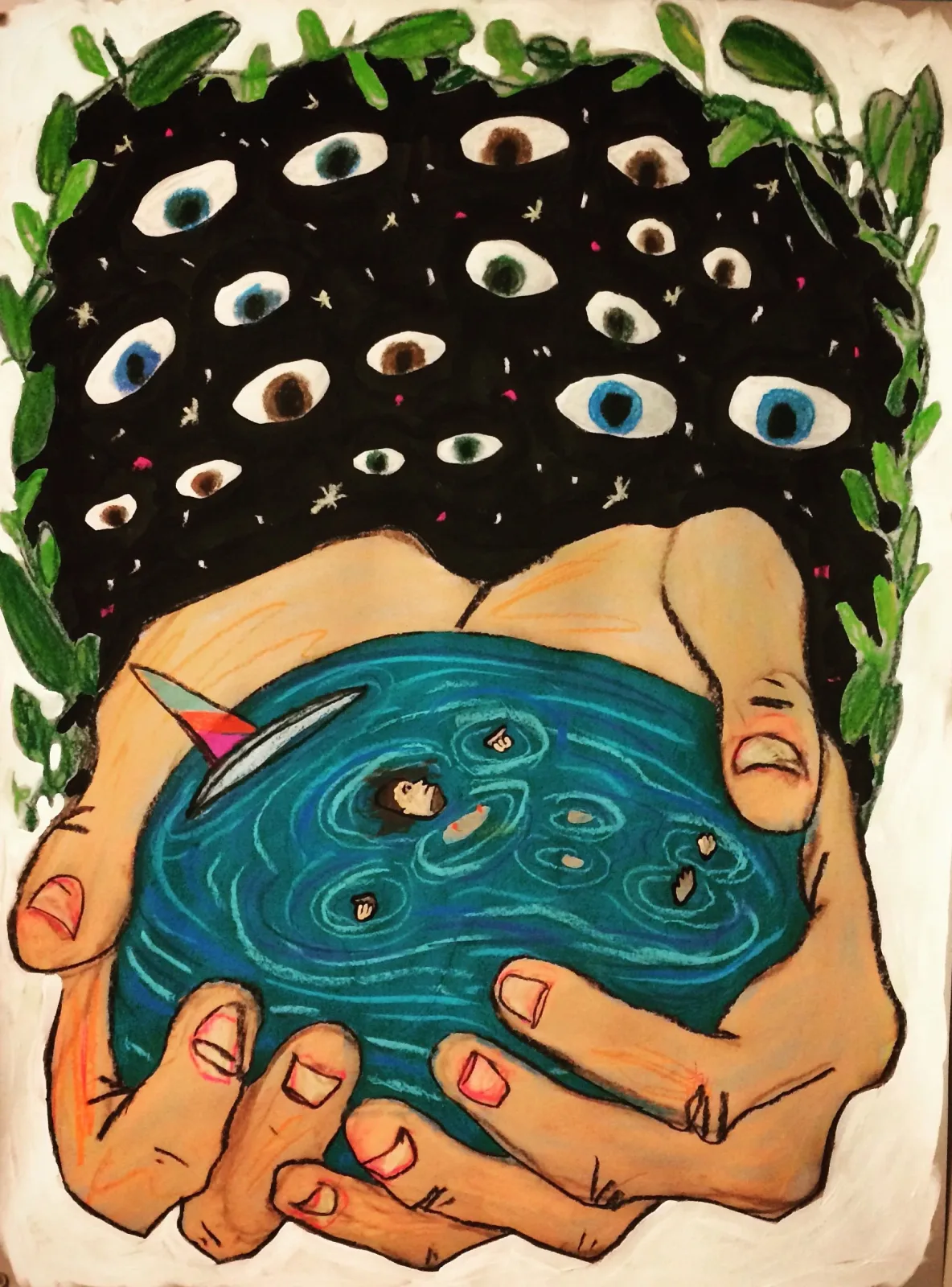 Surreal pastel drawing of hands holding a pool with figures, surrounded by eyes in a starry sky.
