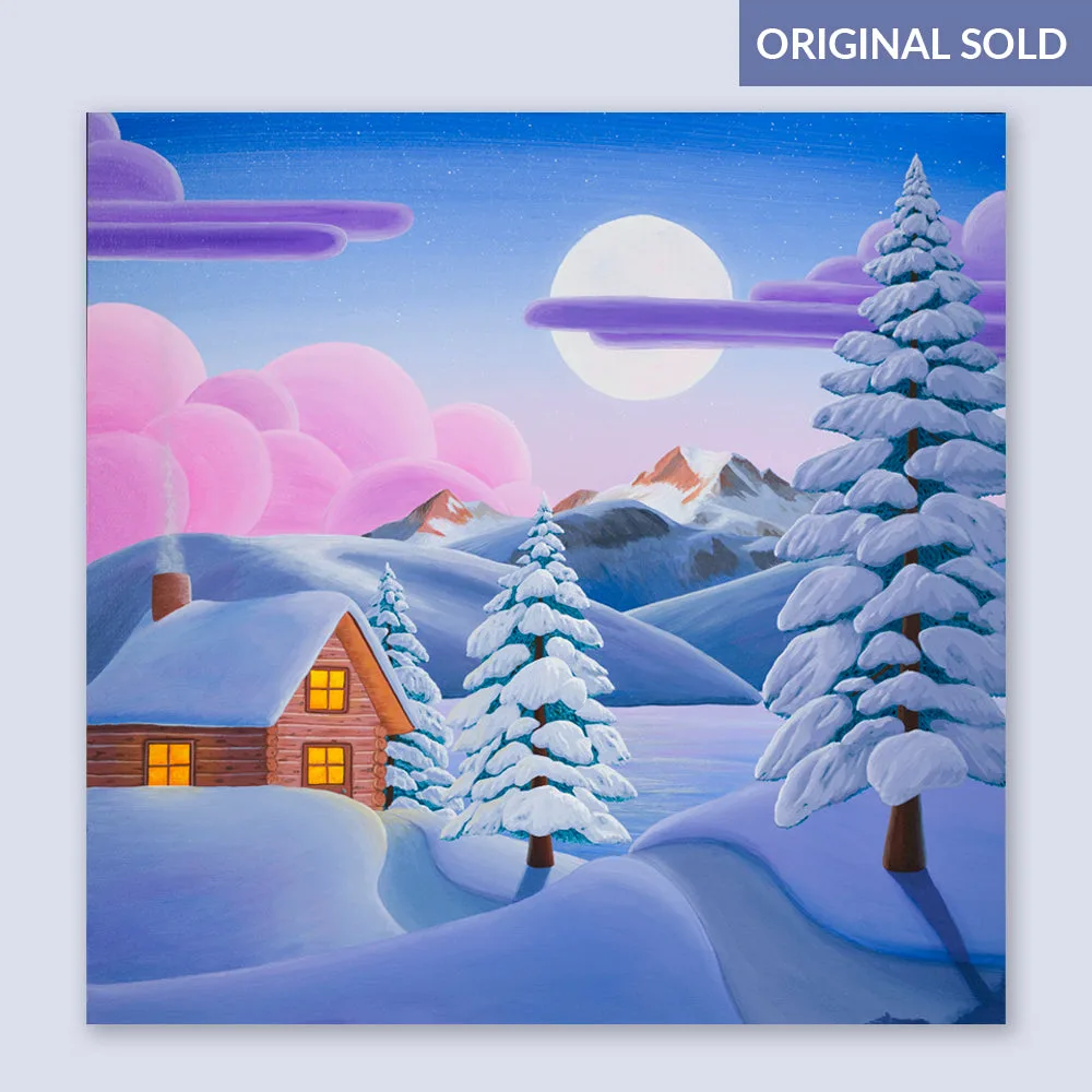 A cozy snow-covered cabin sits amidst a winter landscape under a large moon, rendered in oil and acrylic.