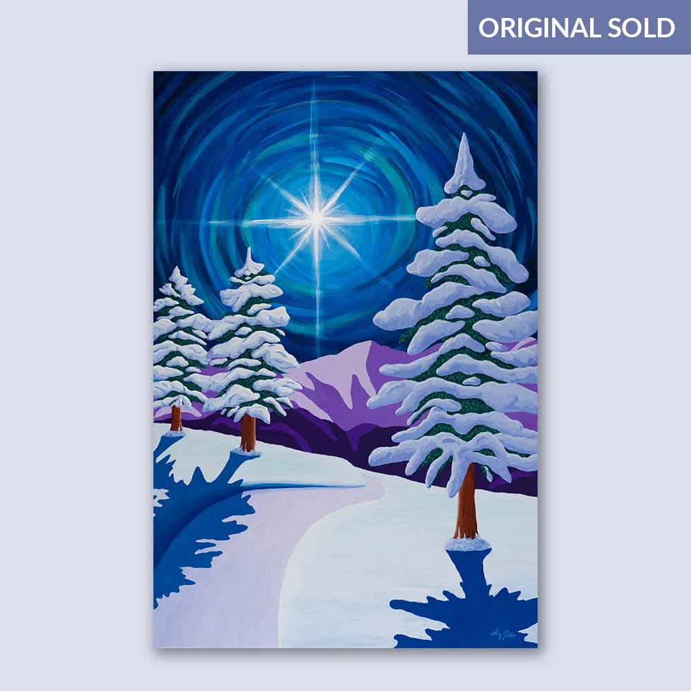 A winter landscape painting depicts snow-covered trees under a bright star in a swirling blue night sky.