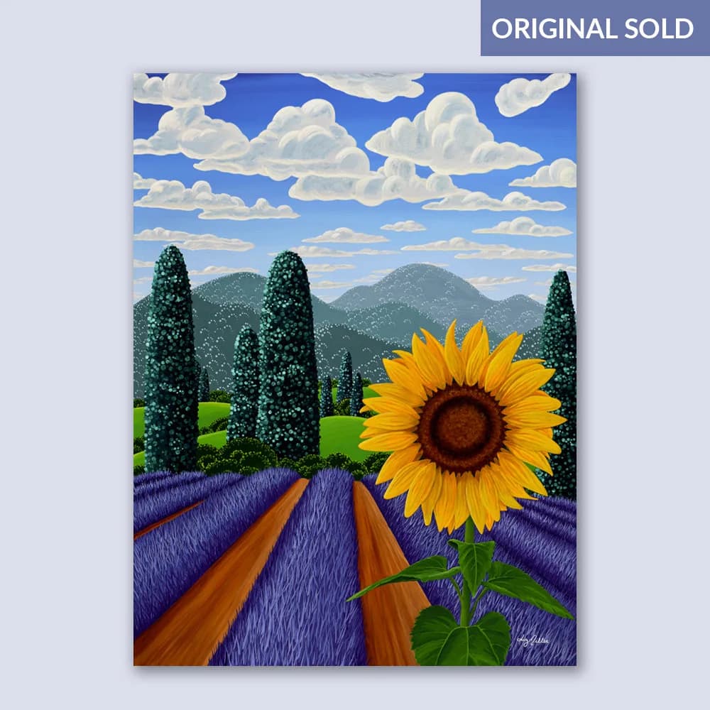 A vibrant oil painting depicts a sunflower in a lavender field with cypress trees and distant mountains under a cloudy sky.