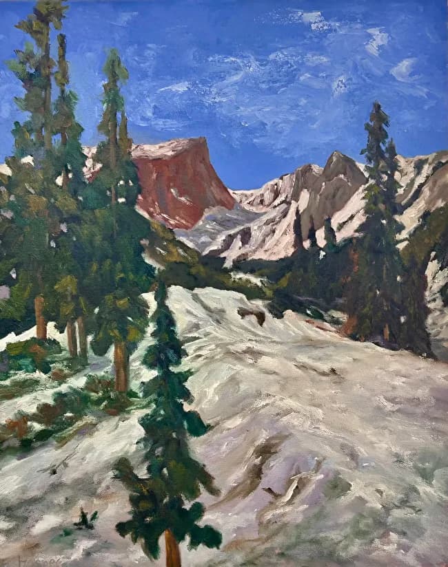 An impressionistic oil painting depicts a snowy mountain landscape with evergreen trees under a vibrant blue sky.