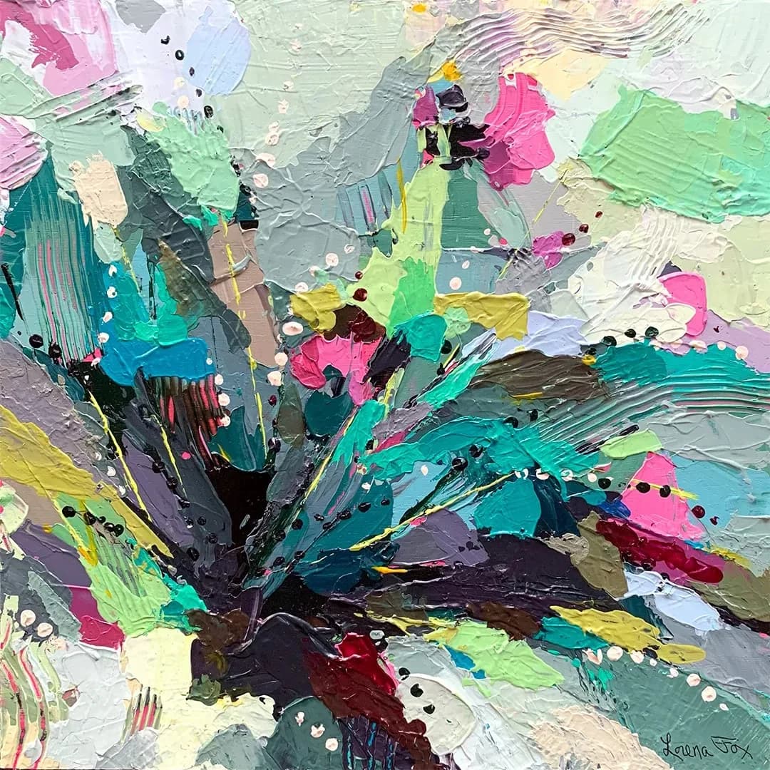 An abstract floral painting in oil and acrylic features vibrant Masala and Spectra hues with thick impasto texture.