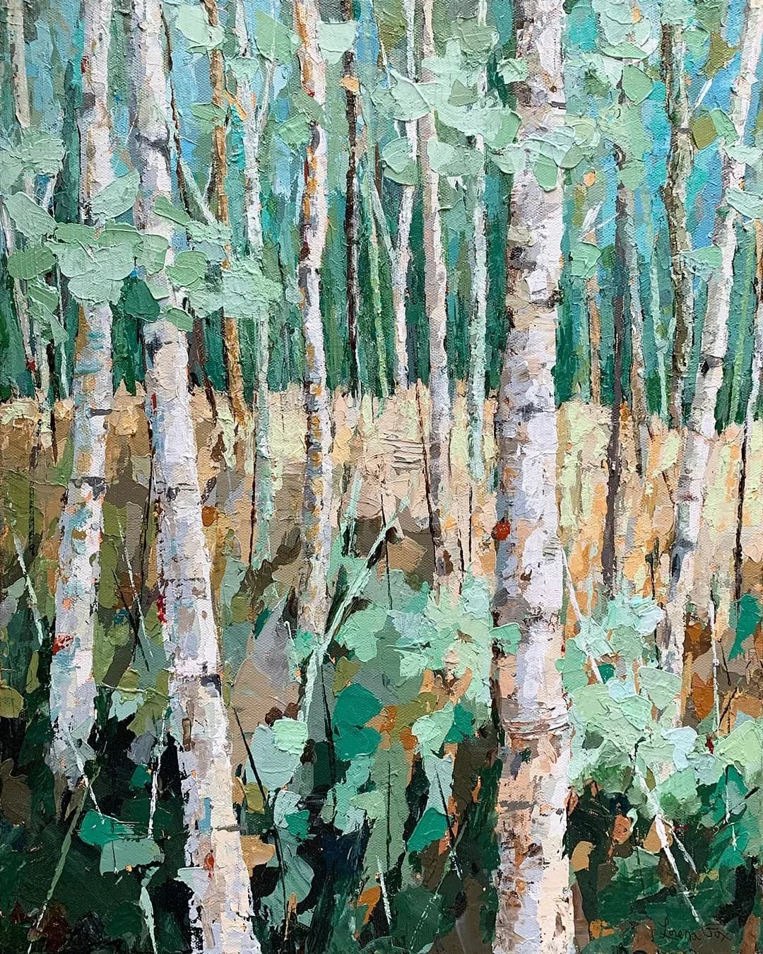 An impressionistic oil painting depicts a dense forest of aspen trees with textured brushstrokes in shades of green and gray.