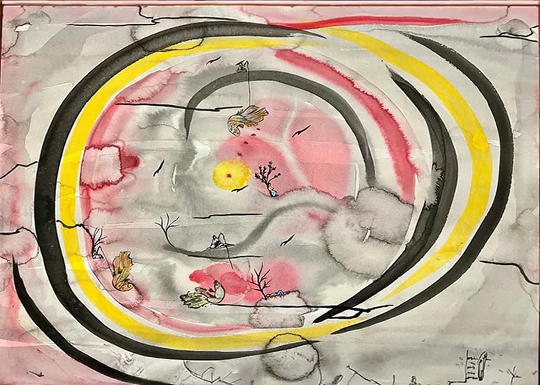 An abstract watercolor painting features a central yellow sun surrounded by swirling bands of black, yellow, and pink, with small bird and tree motifs.