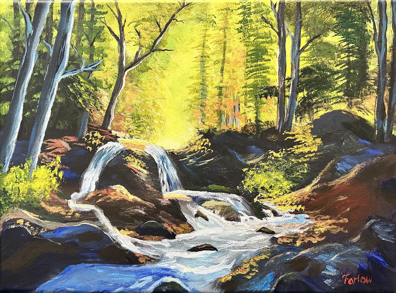 An impressionistic oil painting depicts a forest waterfall with vibrant autumn foliage and a sunlit clearing.