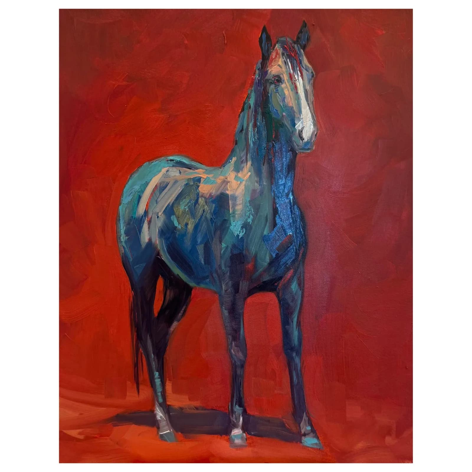 An expressive oil painting of a dark horse against a vibrant red background, rendered with bold brushstrokes.