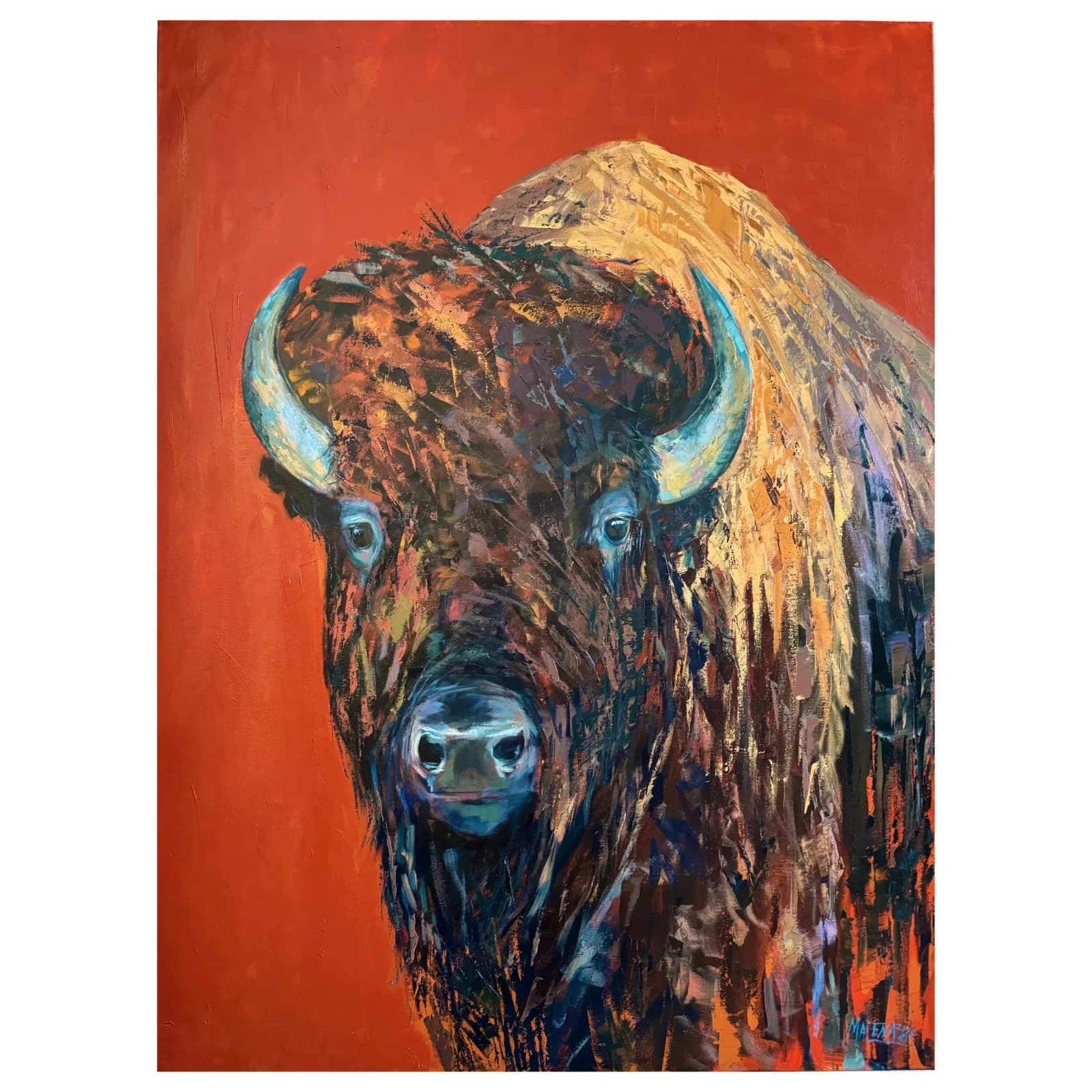 An expressive oil painting of a bison against a vibrant red background, rendered in bold brushstrokes.