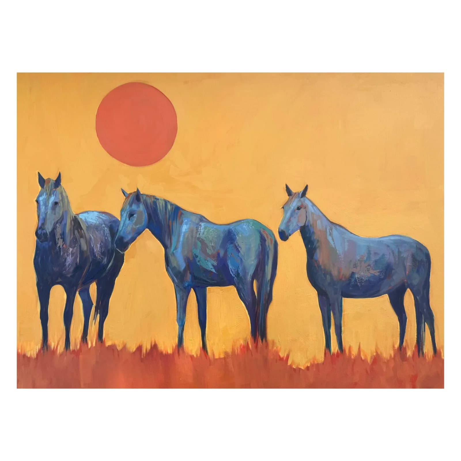 Three horses stand in a field under a large red sun, rendered in expressive oil and acrylic.