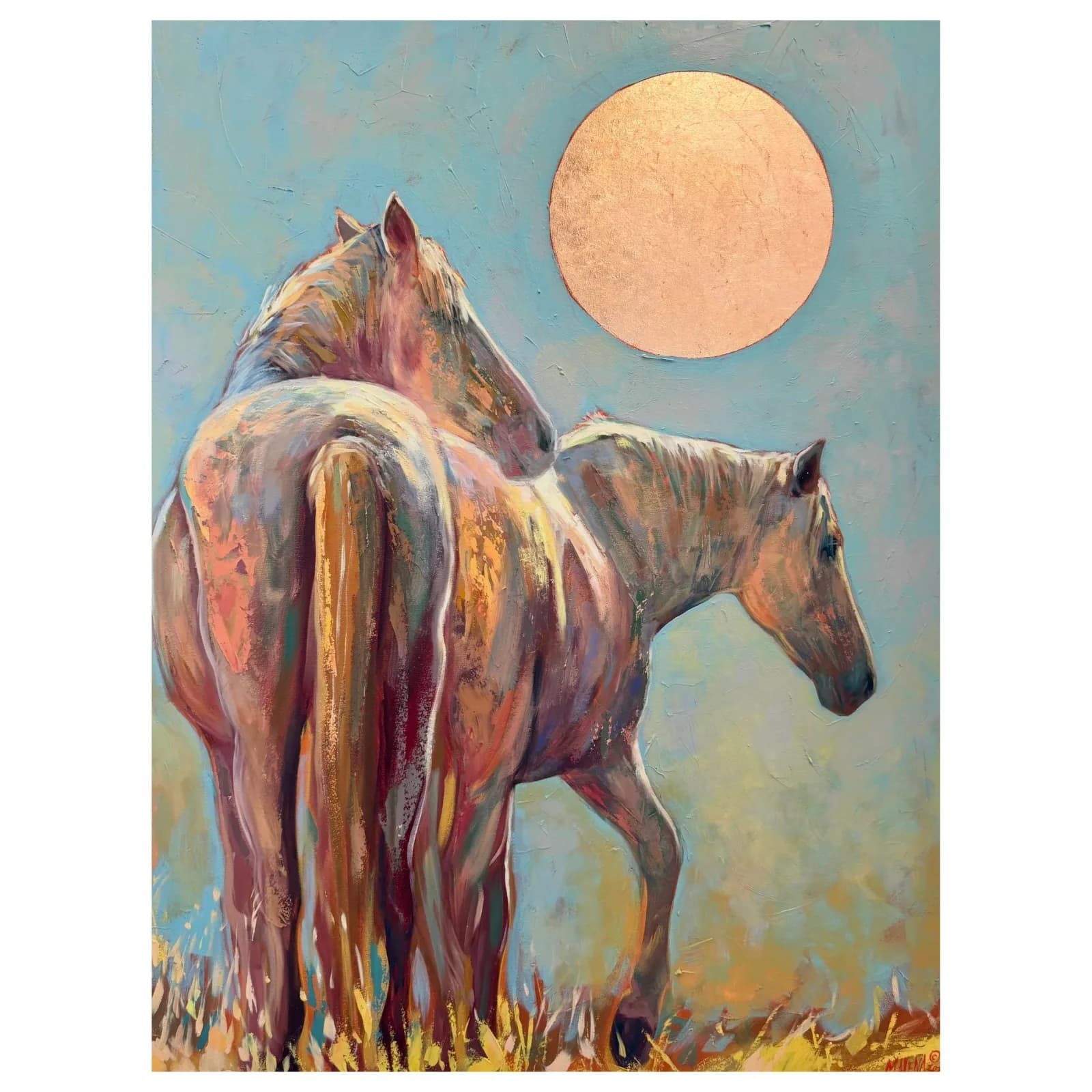 Two horses stand under a golden moon in this expressive oil painting with a vibrant palette.