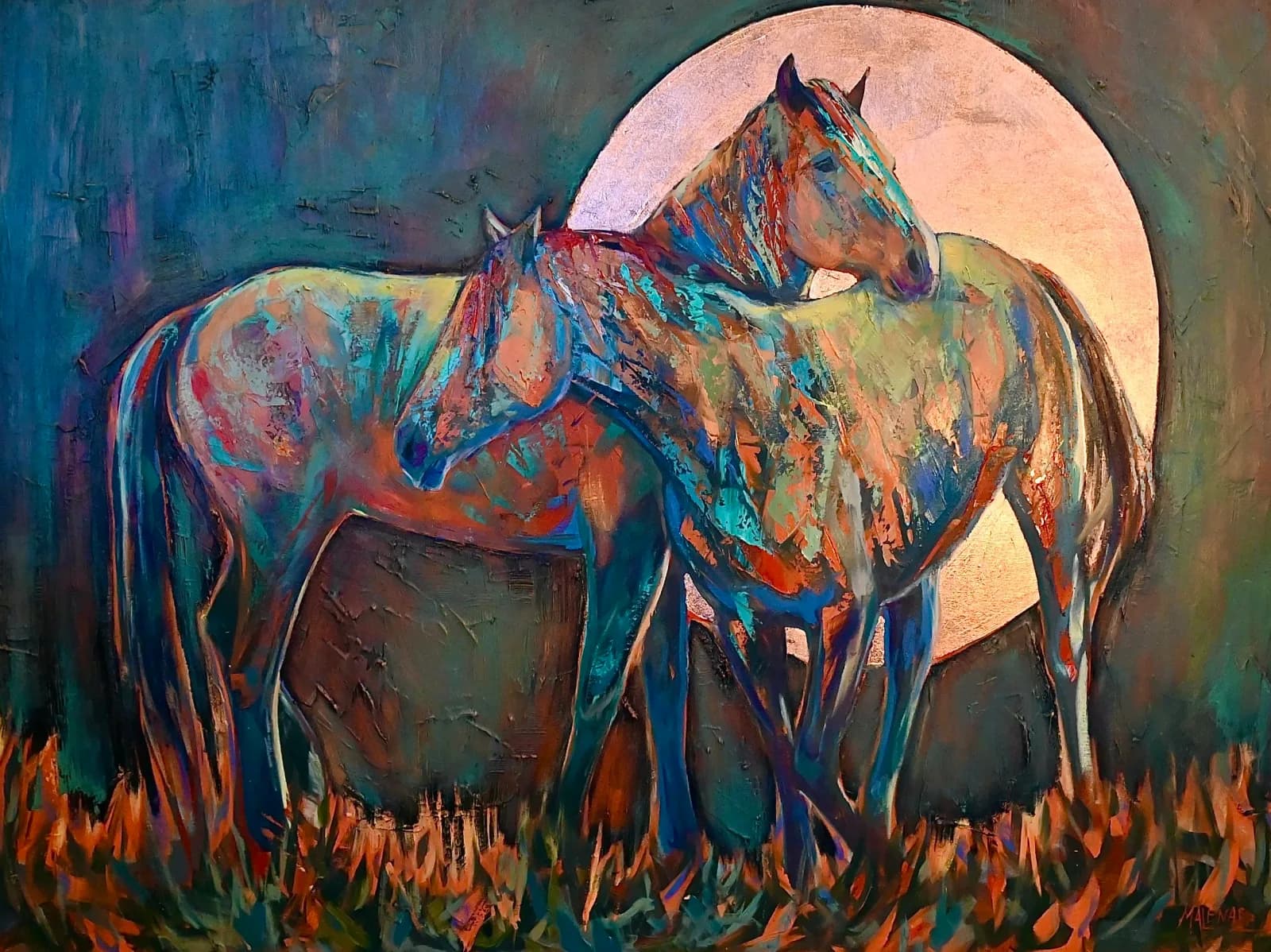 Two horses stand in front of a luminous moon, rendered in expressive oil and acrylic with a palette of Cashmere, Spicy Mix, and Outer Space.