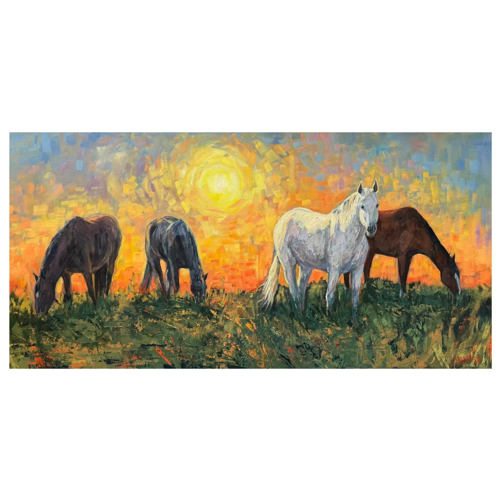 Impressionistic oil painting of horses grazing in a field at sunset, with vibrant Equator and Ochre hues.