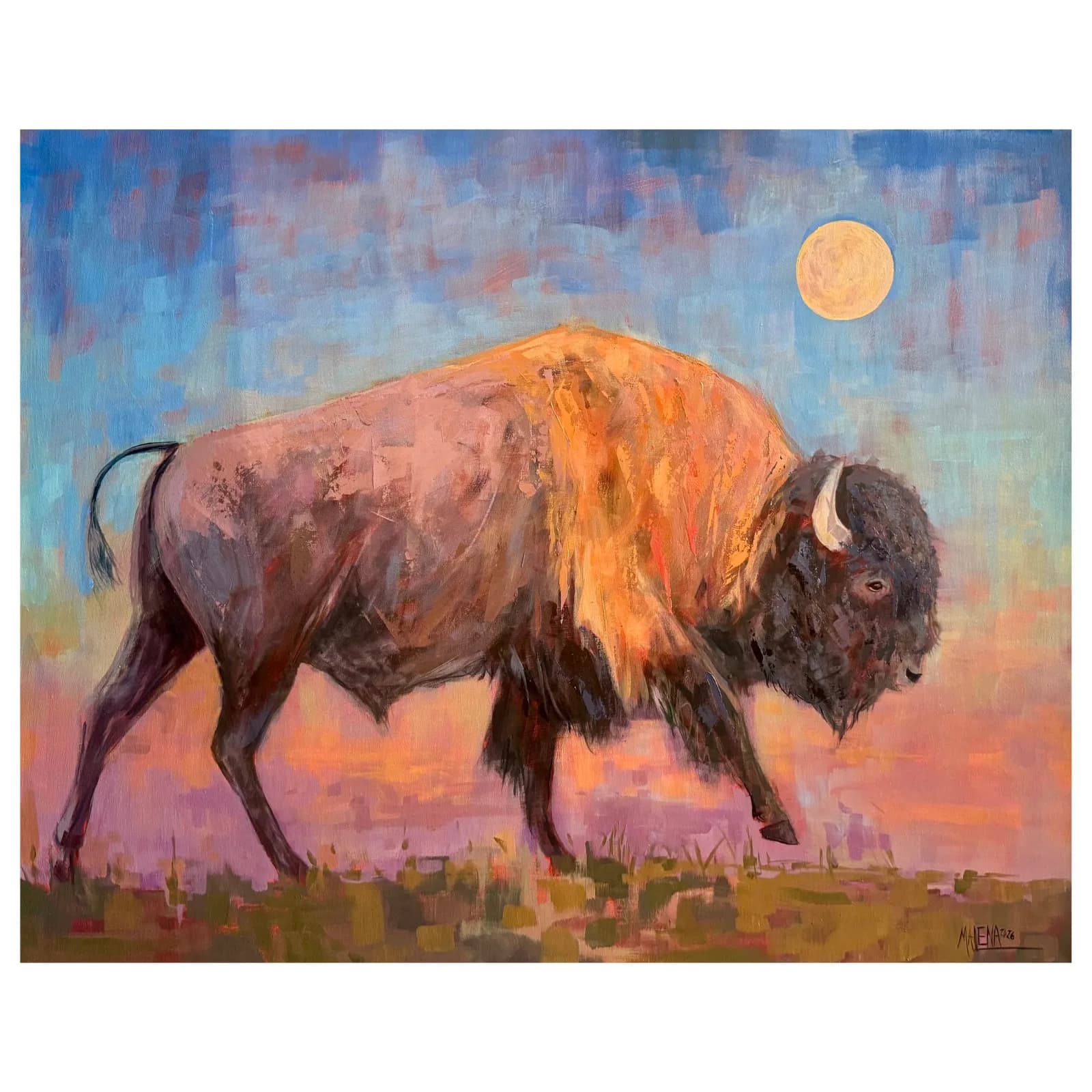 An expressive oil painting depicts a bison walking across a grassy plain under a full moon and a colorful sky.