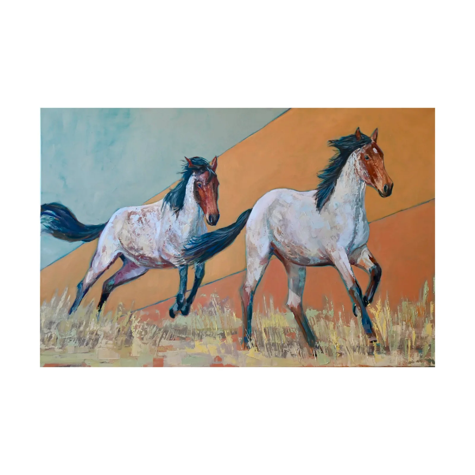 Two horses gallop through a grassy field under a sky of Muddy Waters and orange, rendered in expressive oil and acrylic.