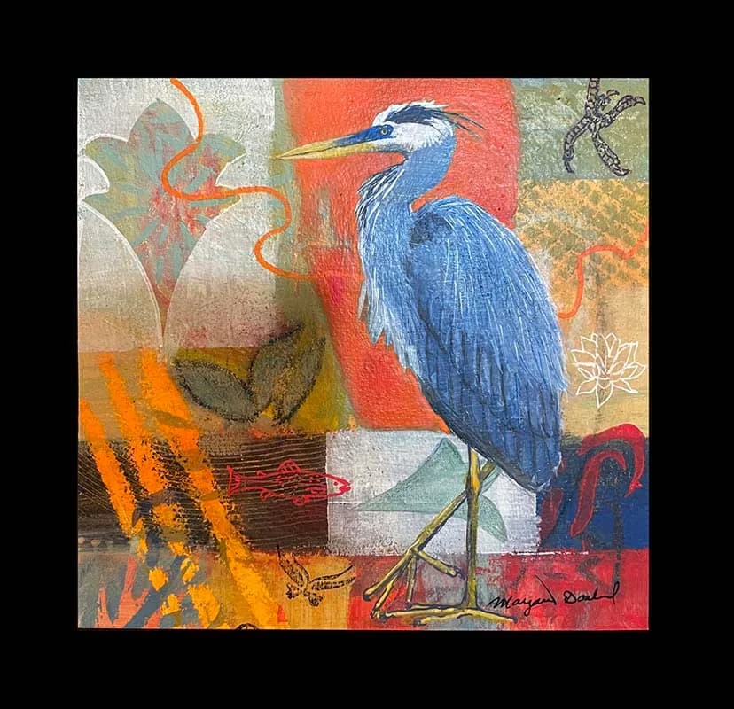 A blue heron stands against a vibrant, textured background in this mixed media artwork.