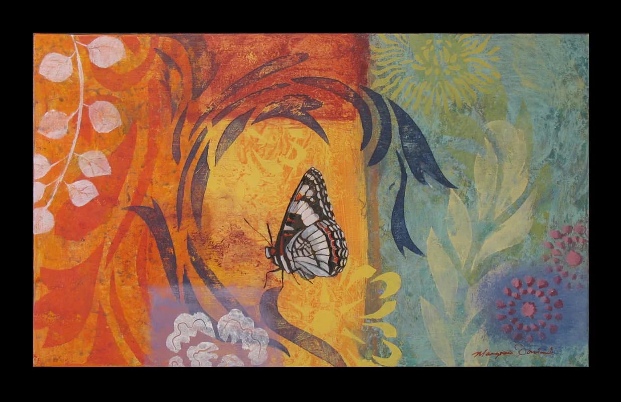 An abstract painting features a detailed butterfly against a textured background in Tuscany and Tussock hues.