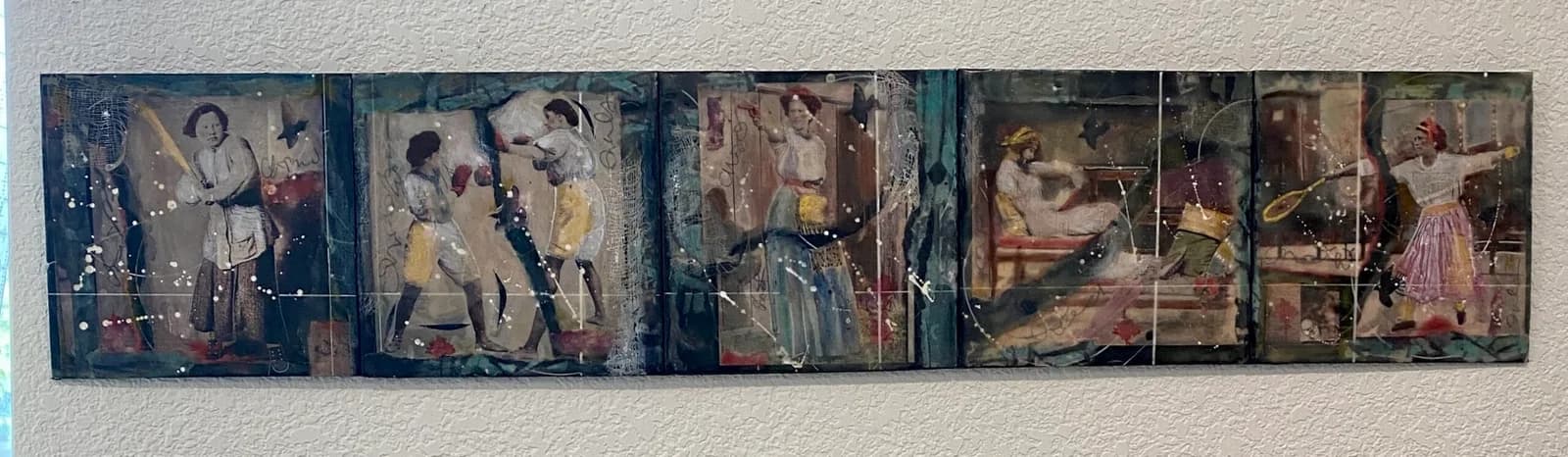 A multi-panel painting depicts women engaged in various activities like baseball, boxing, and tennis, rendered in oil and acrylic.