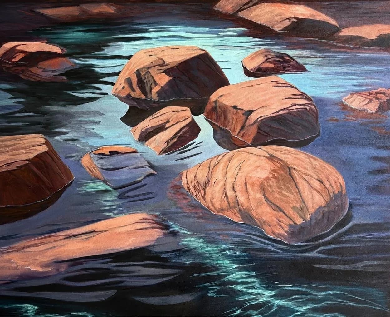 Impressionistic painting of sunlit rocks in dark, rippling water, rendered in shades of Cocoa Brown and Mako.