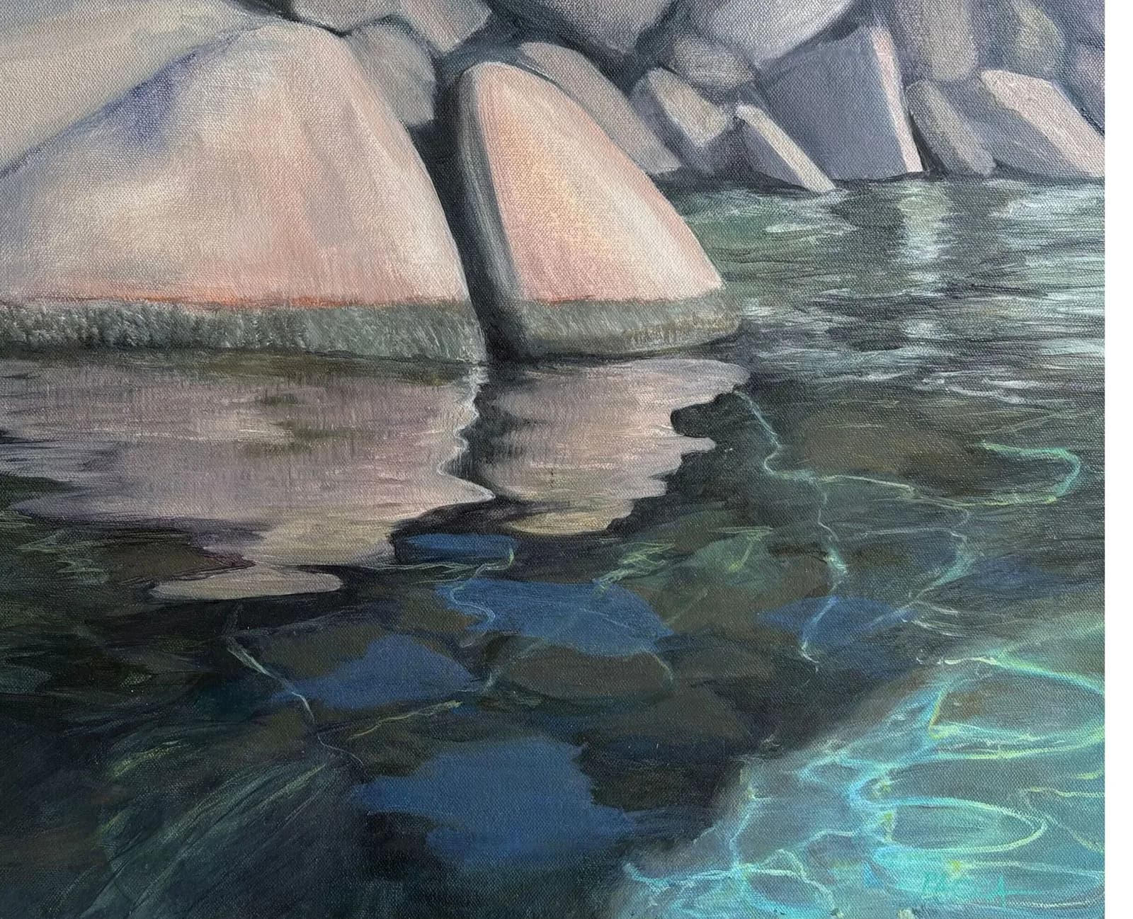Impressionistic oil painting of rocks and water with reflections, featuring Oslo Gray and Rolling Stone tones.
