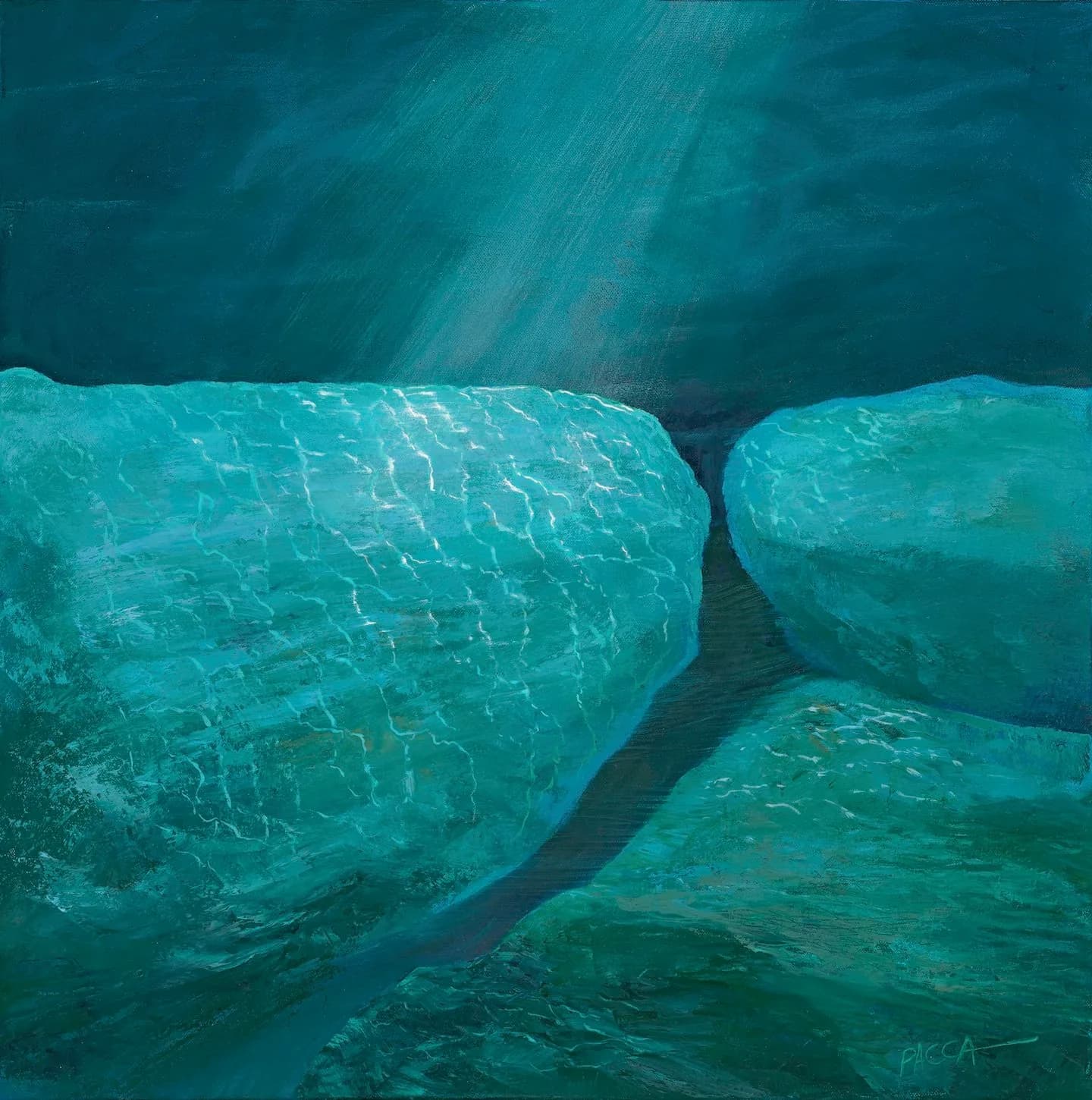 An underwater scene depicts large rocks illuminated by shafts of light filtering through the water, rendered in oil and acrylic.