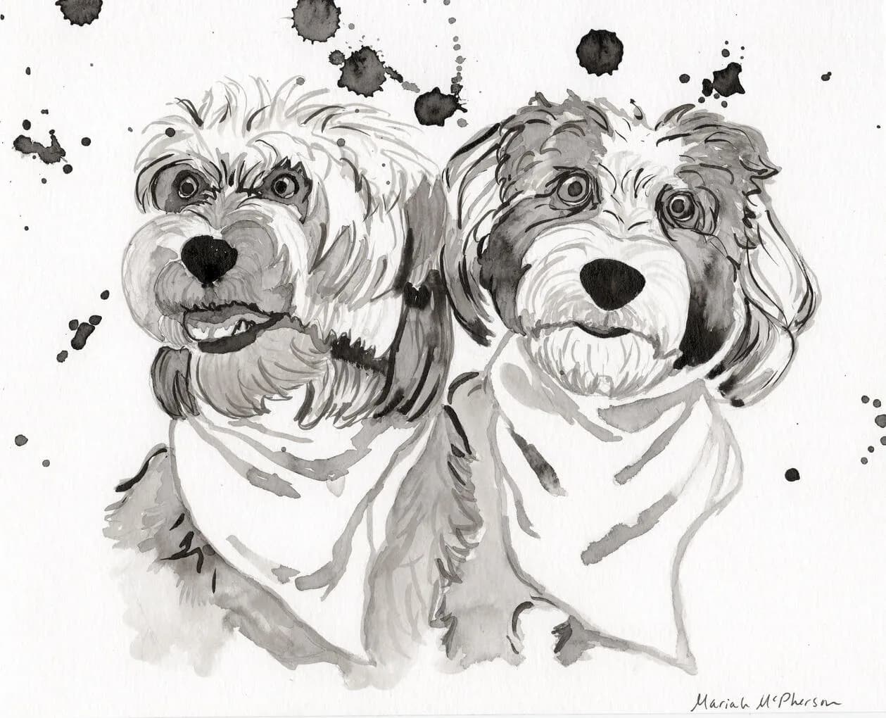 Two dogs with bandanas are depicted in ink wash with splattered ink accents.