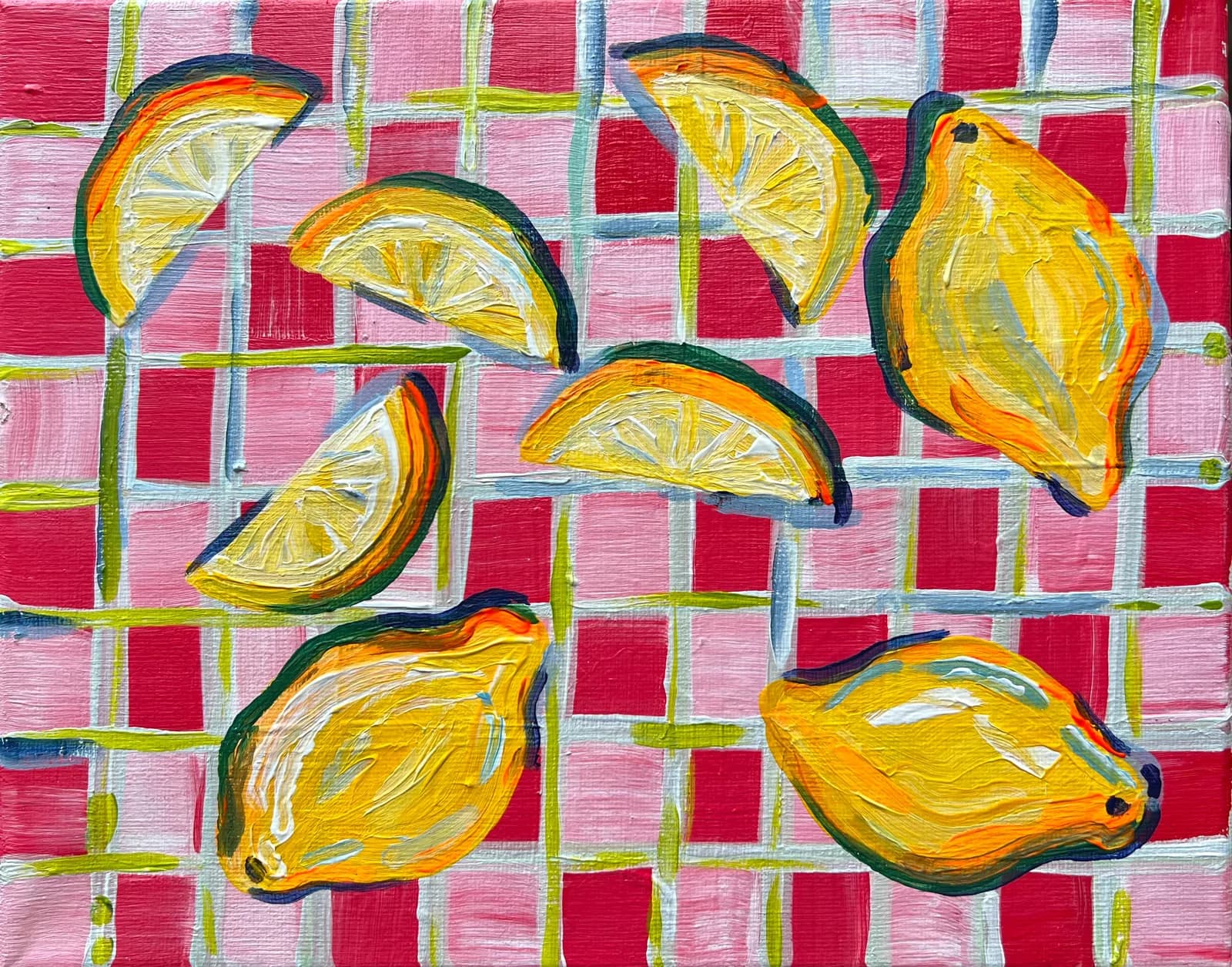 A still life painting of lemons and lemon slices on a pink and red gingham background in oil and acrylic.