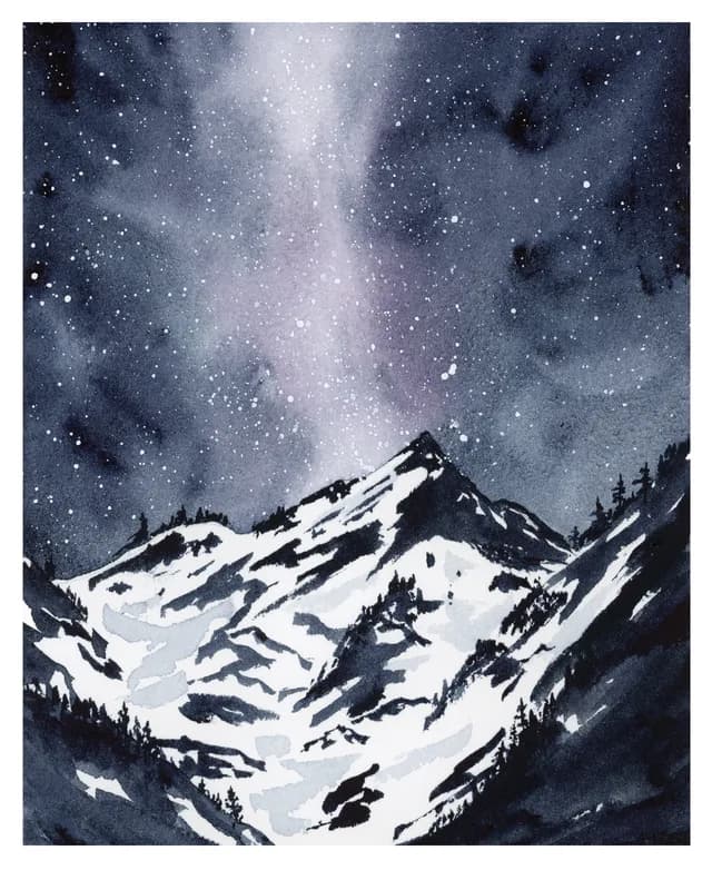 A watercolor painting depicts a snowy mountain range under a starry night sky with the Milky Way.