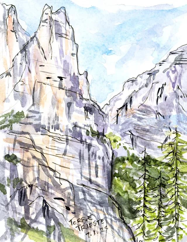 A watercolor and ink illustration depicts the Flatirons mountains with pine trees in the foreground.
