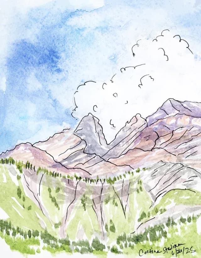 A watercolor painting depicts the Flatirons mountains under a blue sky with fluffy clouds and green trees.