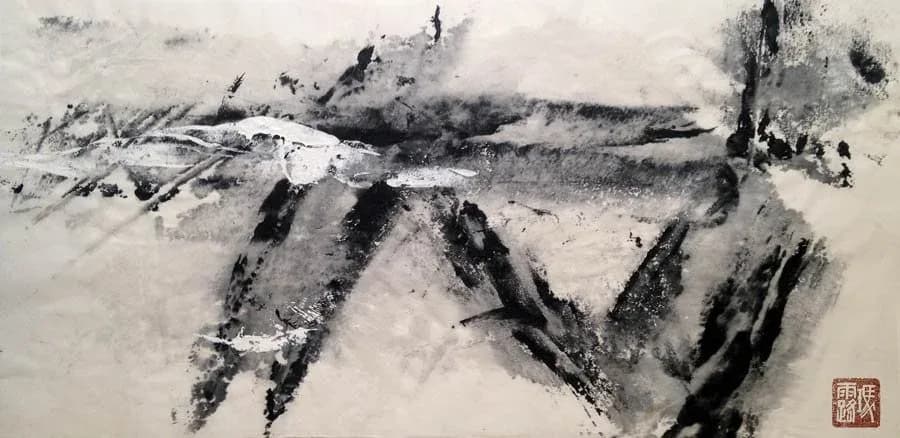 An abstract ink wash painting depicts a monochromatic landscape with bold brushstrokes and textured washes.