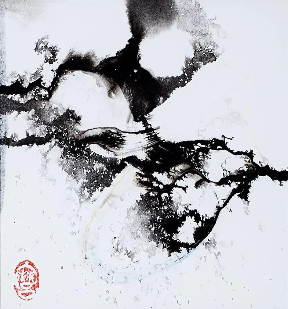 An abstract ink wash painting features dynamic black forms against a white background, with a subtle oval shape.