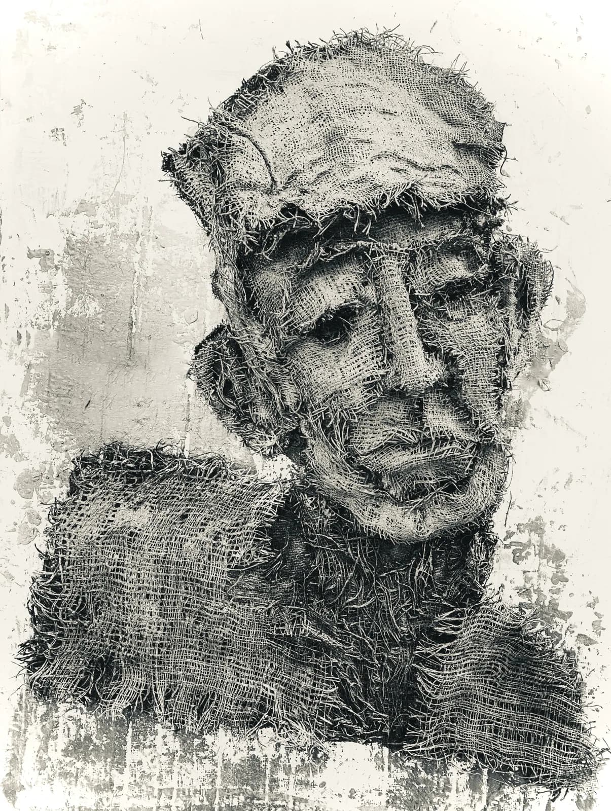 A burlap portrait in shades of Ironside Gray and Merino, rendered in an Expressionist style with a focus on texture.