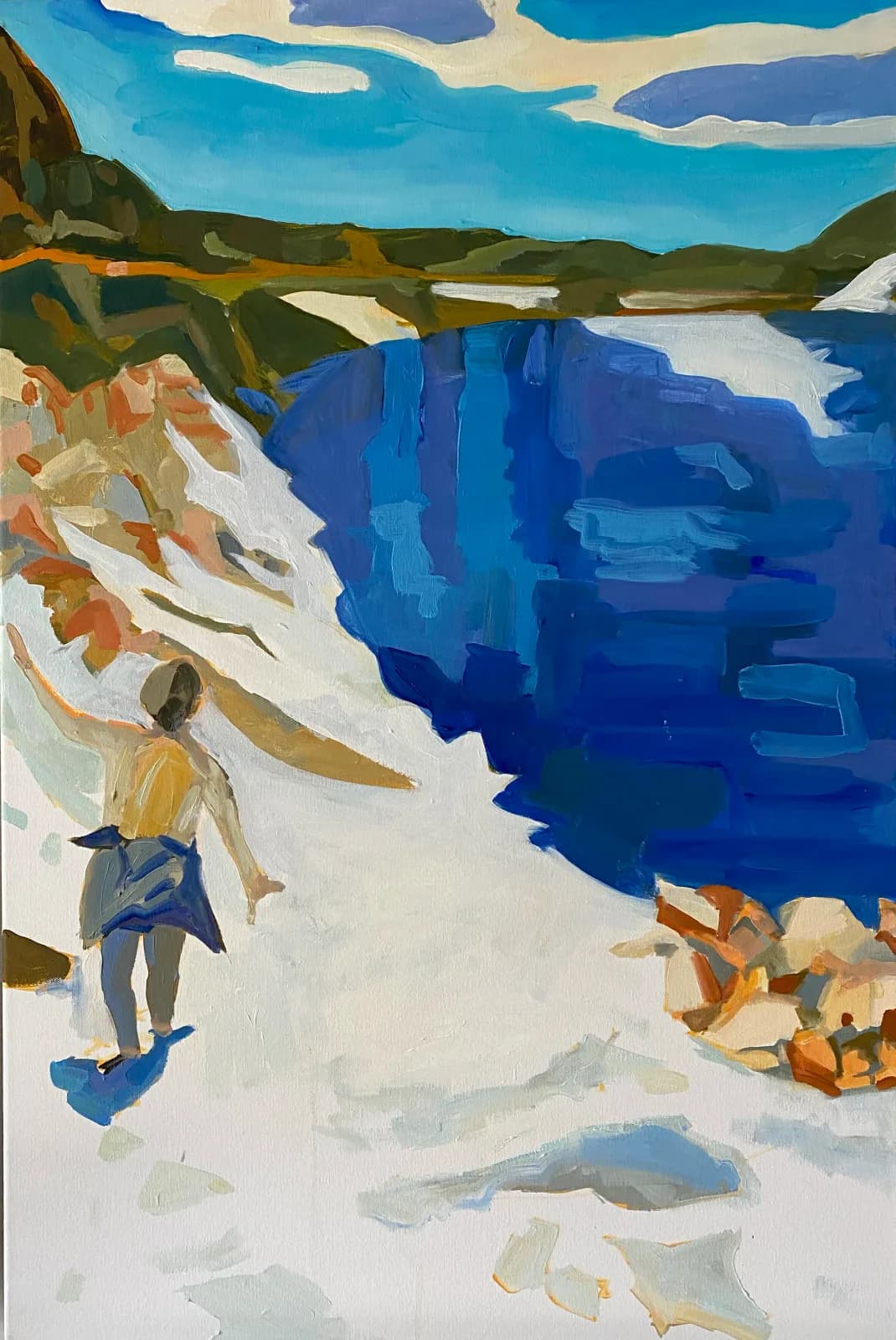 An impressionistic oil painting depicts a figure standing on snow beside a vibrant blue lake with mountains in the background.