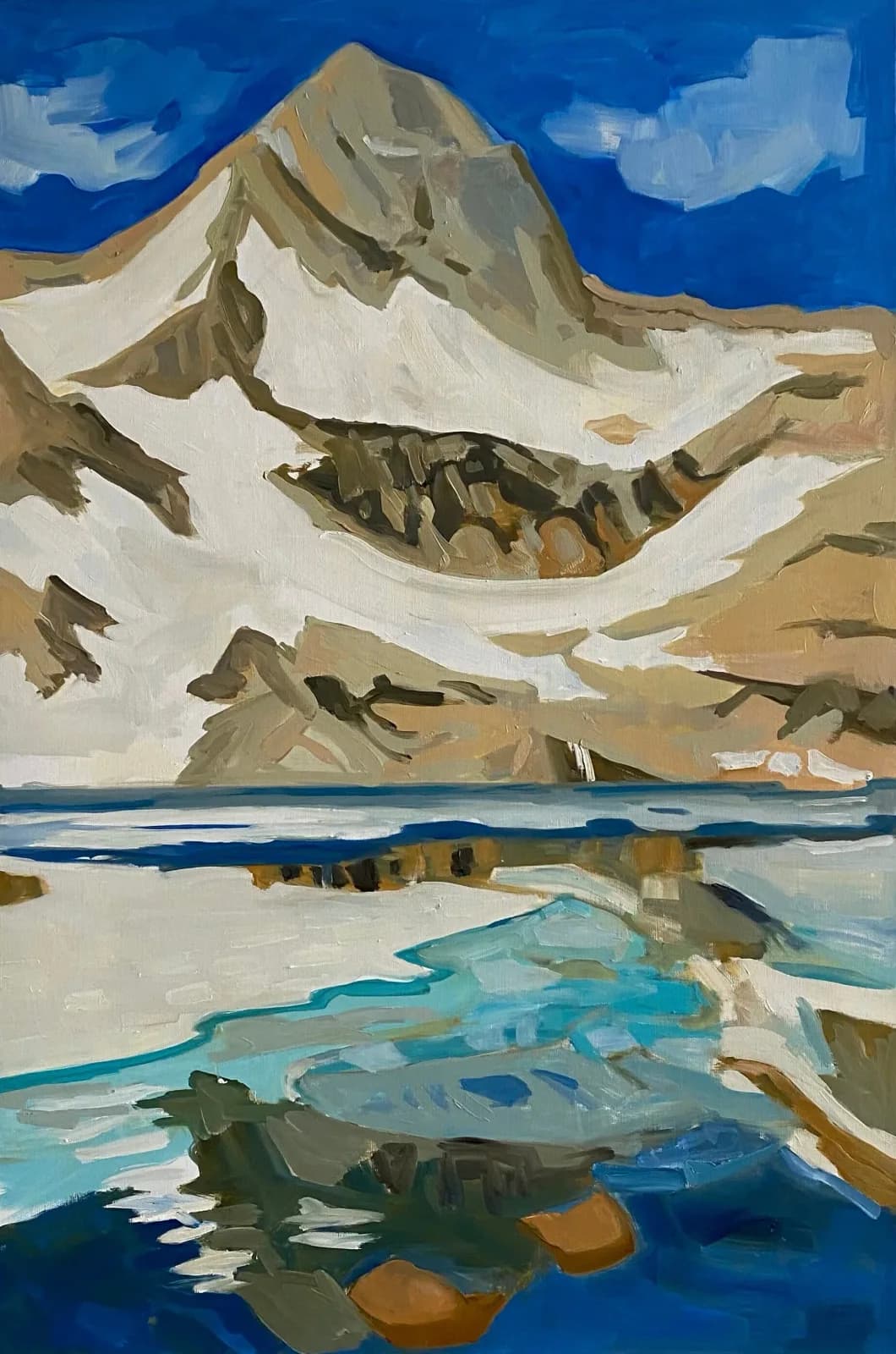 An impressionistic oil painting depicts a snow-capped mountain reflected in a lake under a bright blue sky.