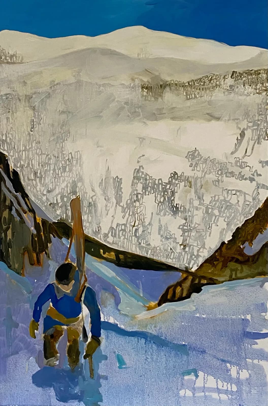 An expressive oil painting depicts a skier ascending a snowy mountain under a bright blue sky.