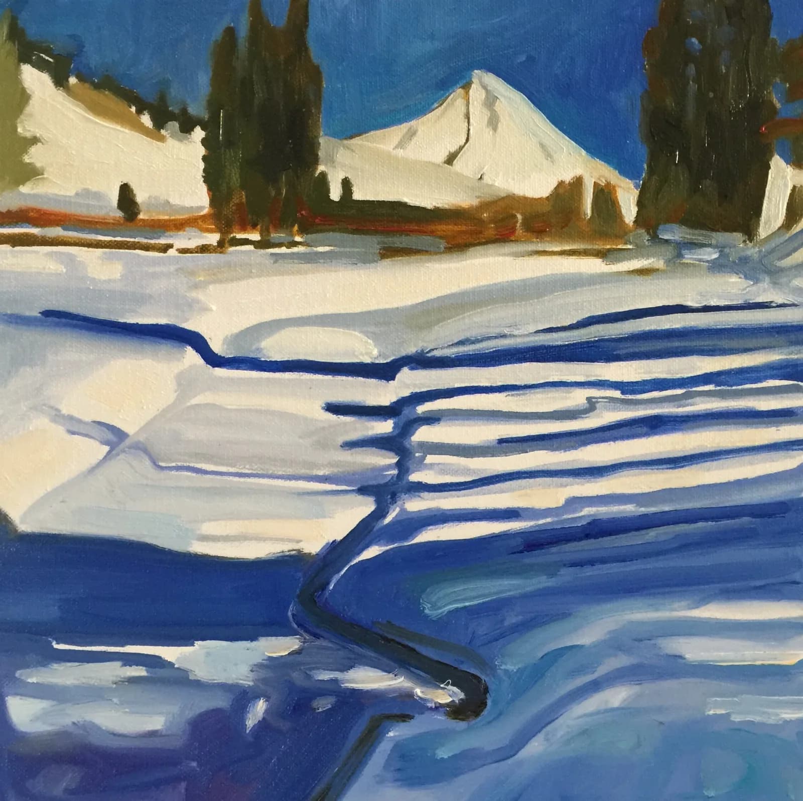 An impressionistic oil painting captures a snow-covered landscape with a prominent mountain under a bright blue sky.