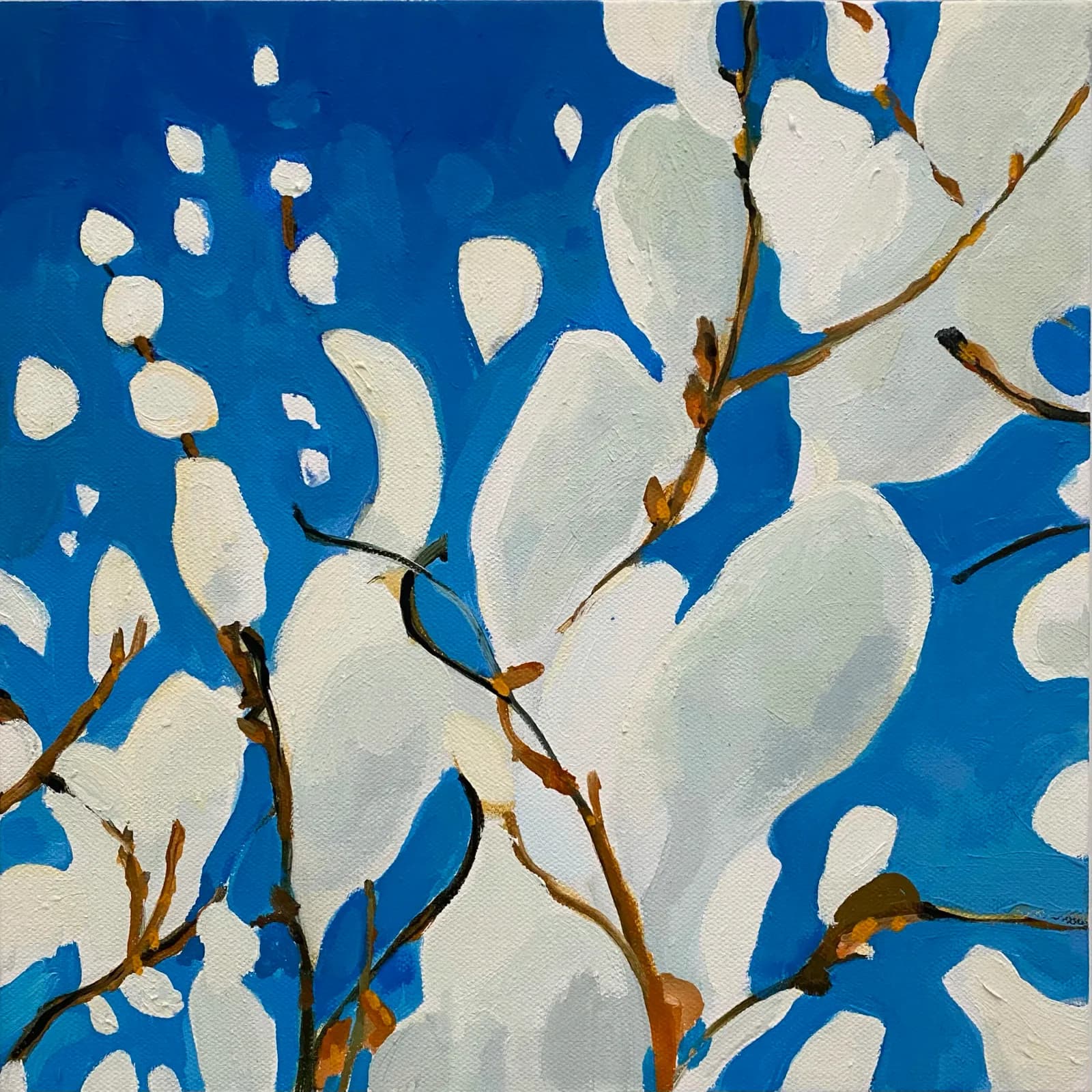 Abstract oil painting of white magnolia blossoms against a vibrant blue sky, with visible brushstrokes and a focus on form.
