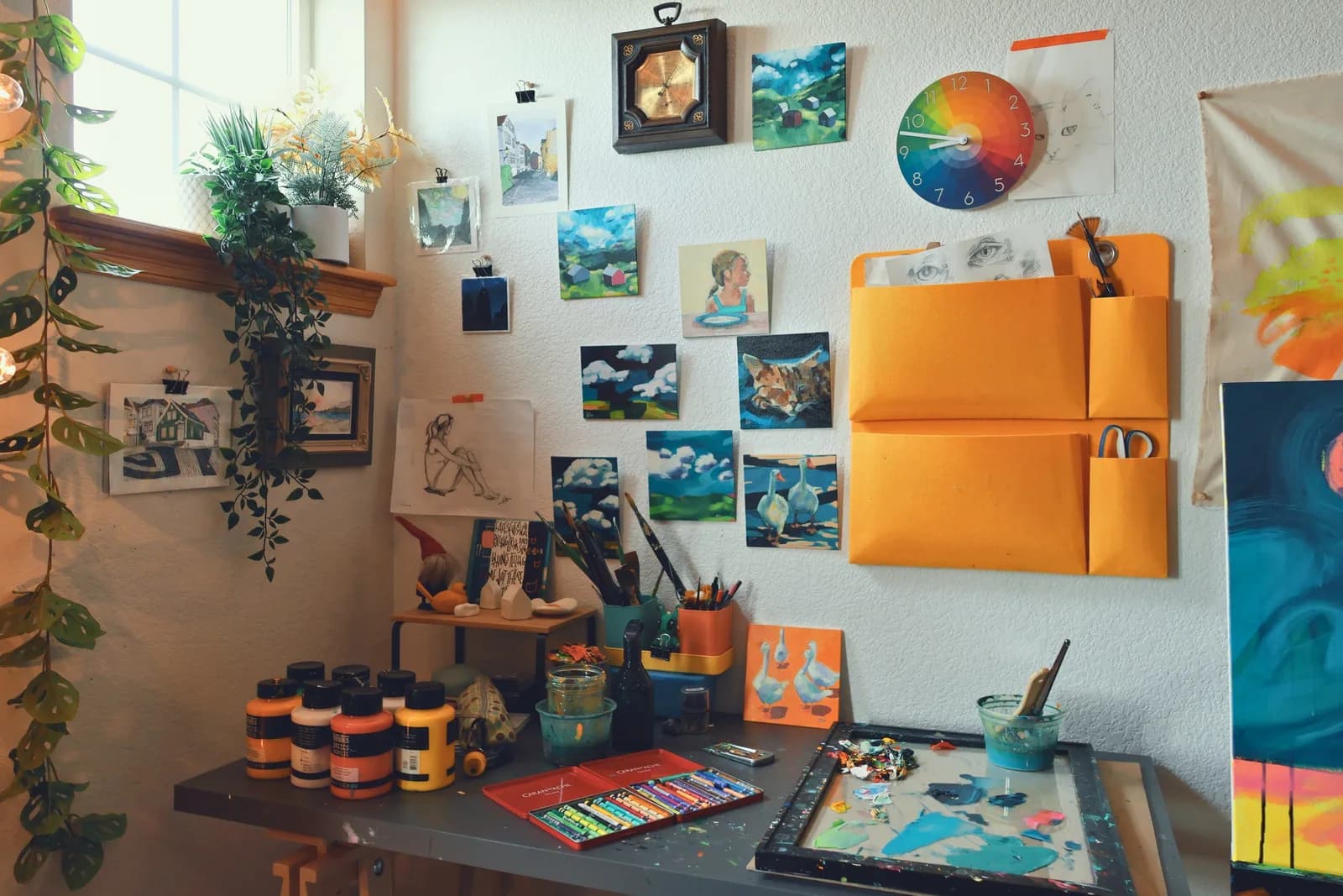 Various small paintings are displayed in an artist's studio, including a cat, ducks, and landscapes, alongside art supplies.