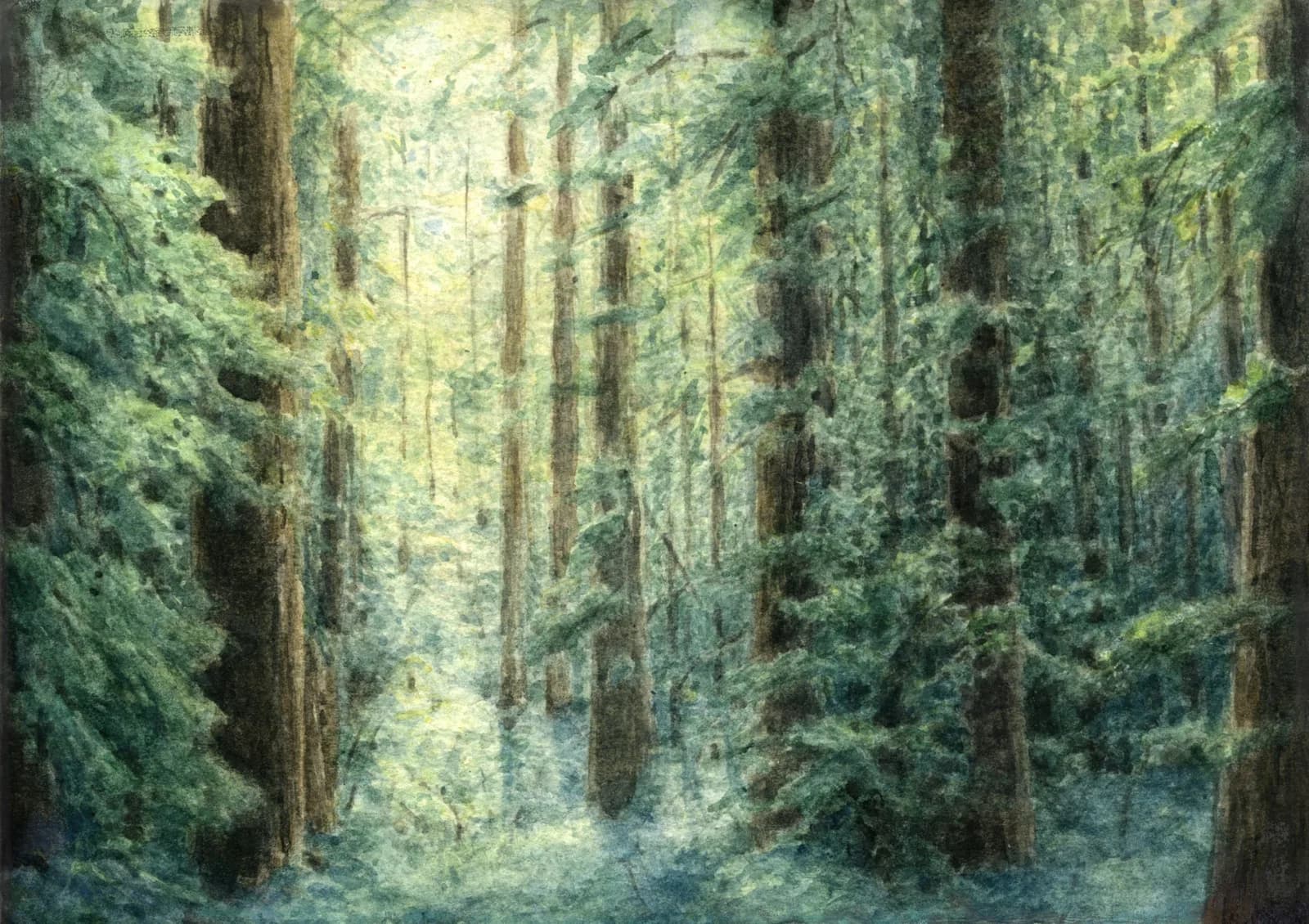 An impressionistic oil painting depicts a sunlit forest with tall trees and dappled light on the forest floor.