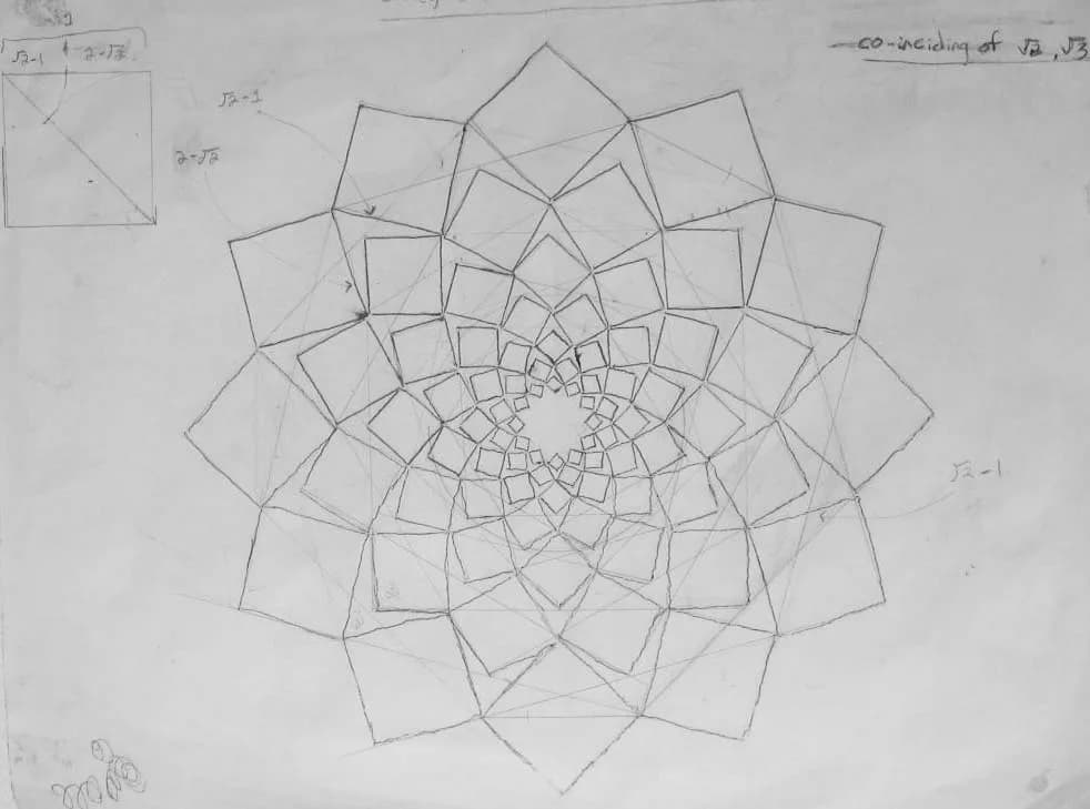 A geometric drawing in graphite features a complex spiral pattern of squares and triangles.