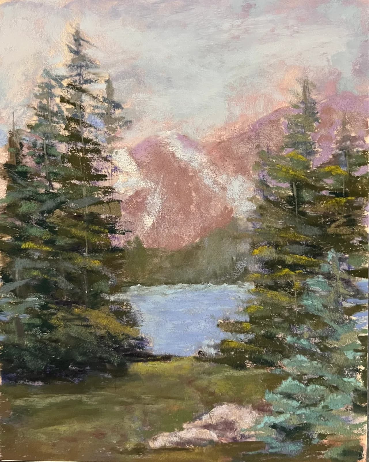 An impressionistic pastel landscape painting depicts a serene lake framed by evergreen trees with distant pink-hued mountains under a cloudy sky.
