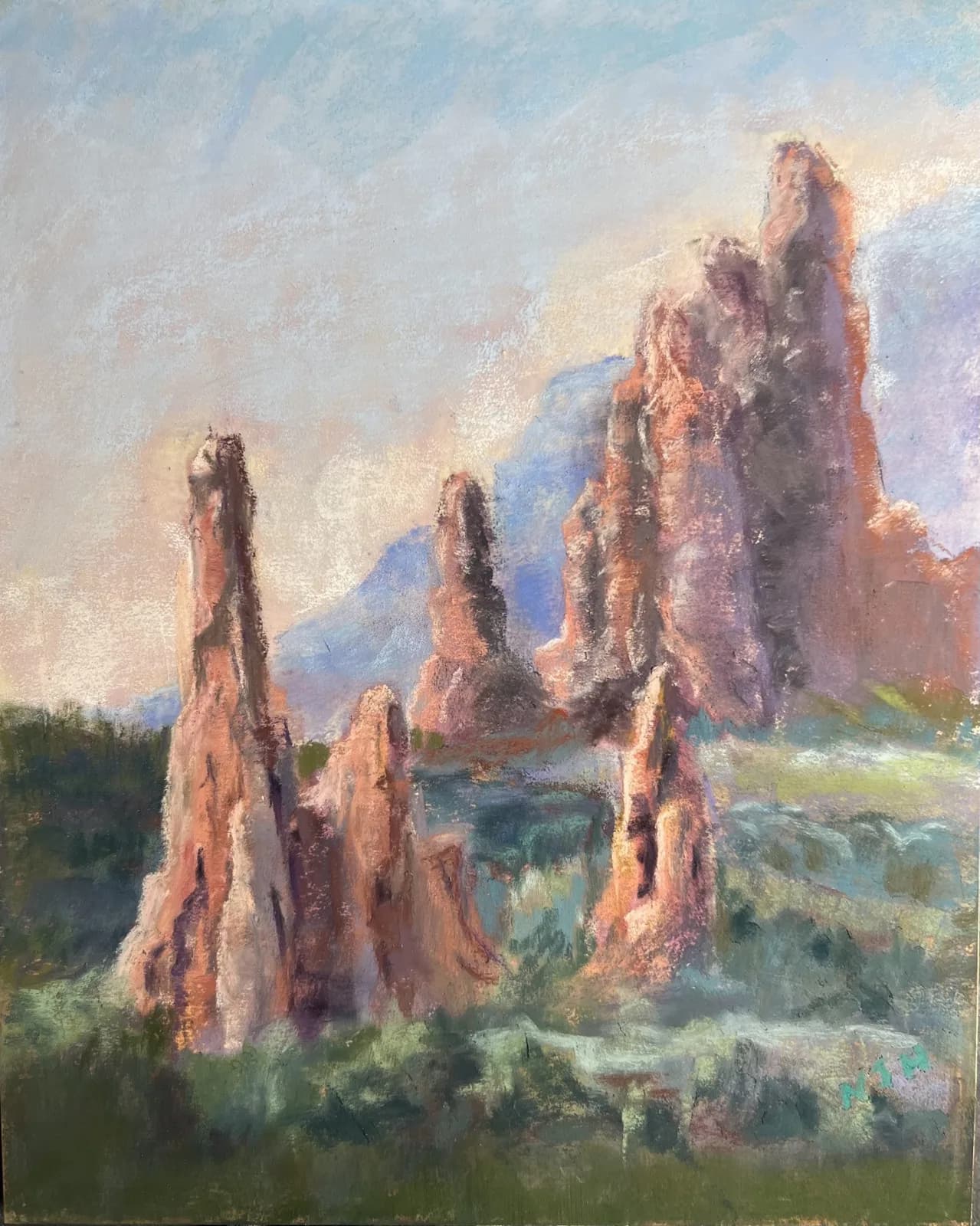 Impressionistic pastel landscape depicting the Flatirons rock formations under a soft sky.